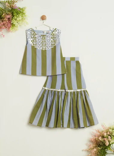 GREEN STRIPPED SHARARA