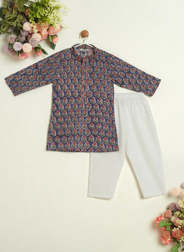 BLOCK PRINTED BLUE AND ORANGE KURTA SET