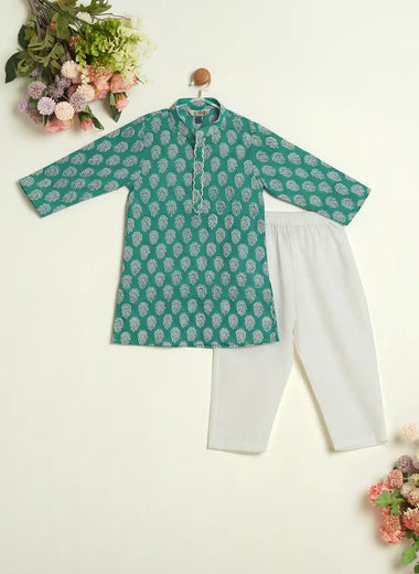 GREEN BLOCK PRINTED KURTA SET