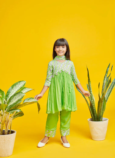 Lime Green & Printed Kurti Set