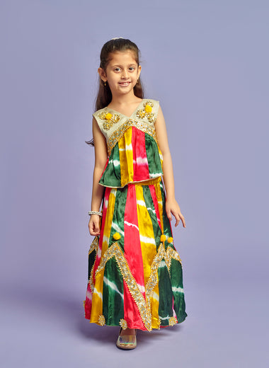 Tri Coloured Lehariya Lengha Set