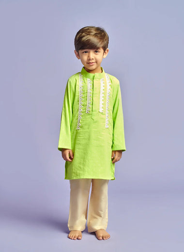Lime Green Kurta Set with Abla Border