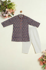 BLOCK PRINTED BLUE AND ORANGE KURTA SET