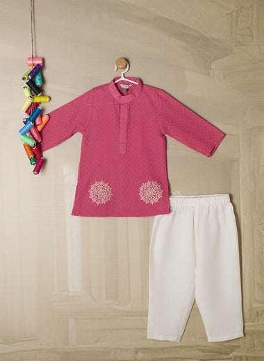 PINK SELF WEAVED KURTA SET