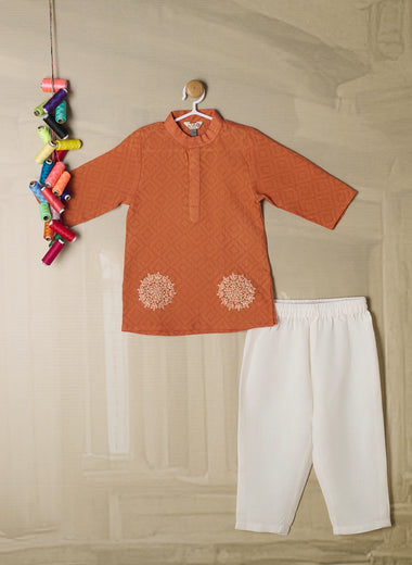 ORANGE SELF WEAVED KURTA SET