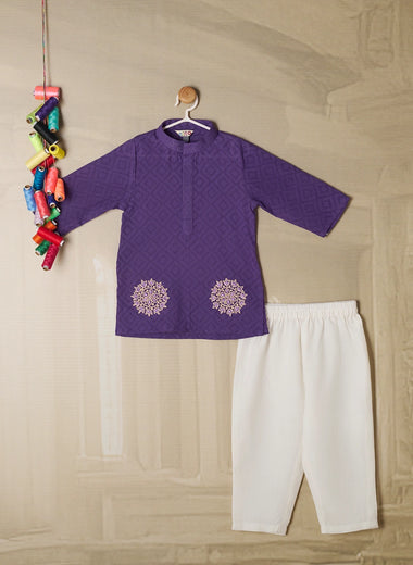 PURPLE SELF WEAVED KURTA SET