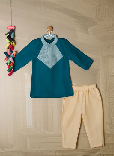 TEAL BLUE COLOR BLOCKED KURTA SET