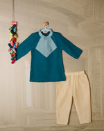 TEAL BLUE COLOR BLOCKED KURTA SET